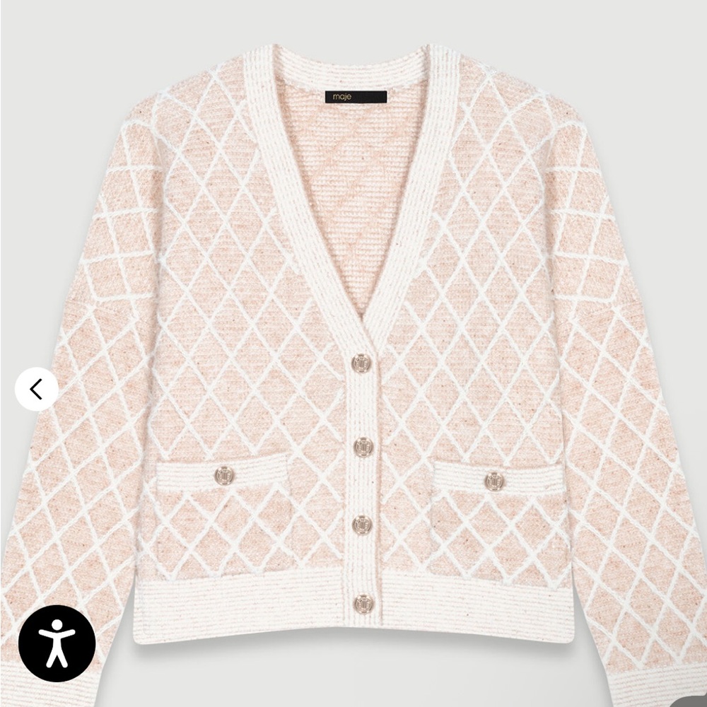 Maje Cream Checked Knit Diamond Pattern Cardigan size Small